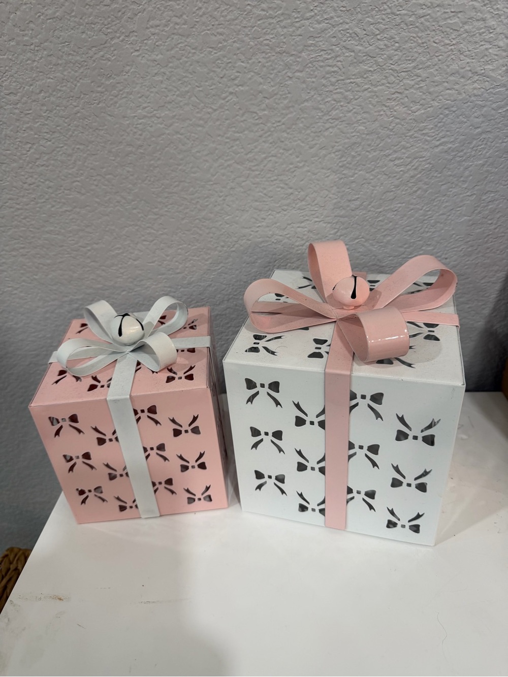 Pink and White Decorative Gift Box Accents with Bows - Set of 2